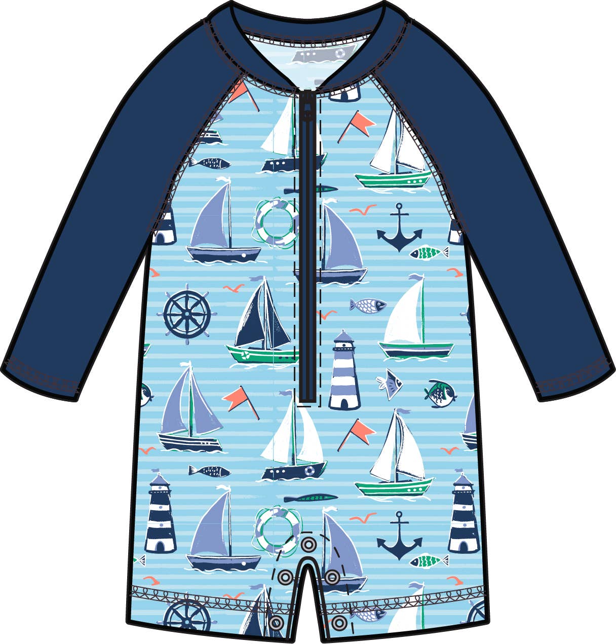 Baby Boys Blue Sweet Sails Long Sleeve One Piece Rash Guard Swimsuit