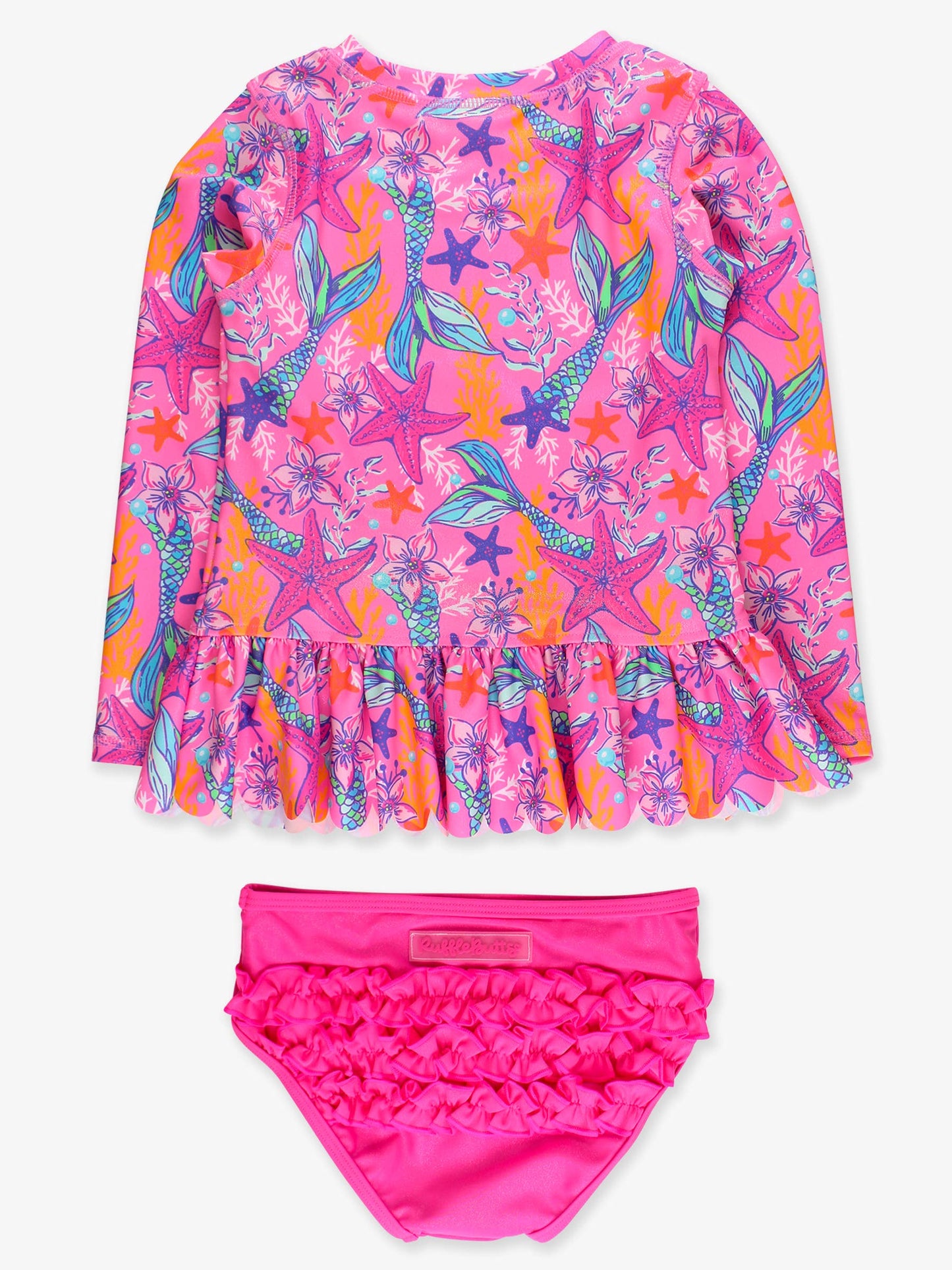 Girls Neon Shimmer Mermaid Scallop Hem Long Sleeve Rash Guard 2-Piece Swimsuit with Signature Rear Ruffles