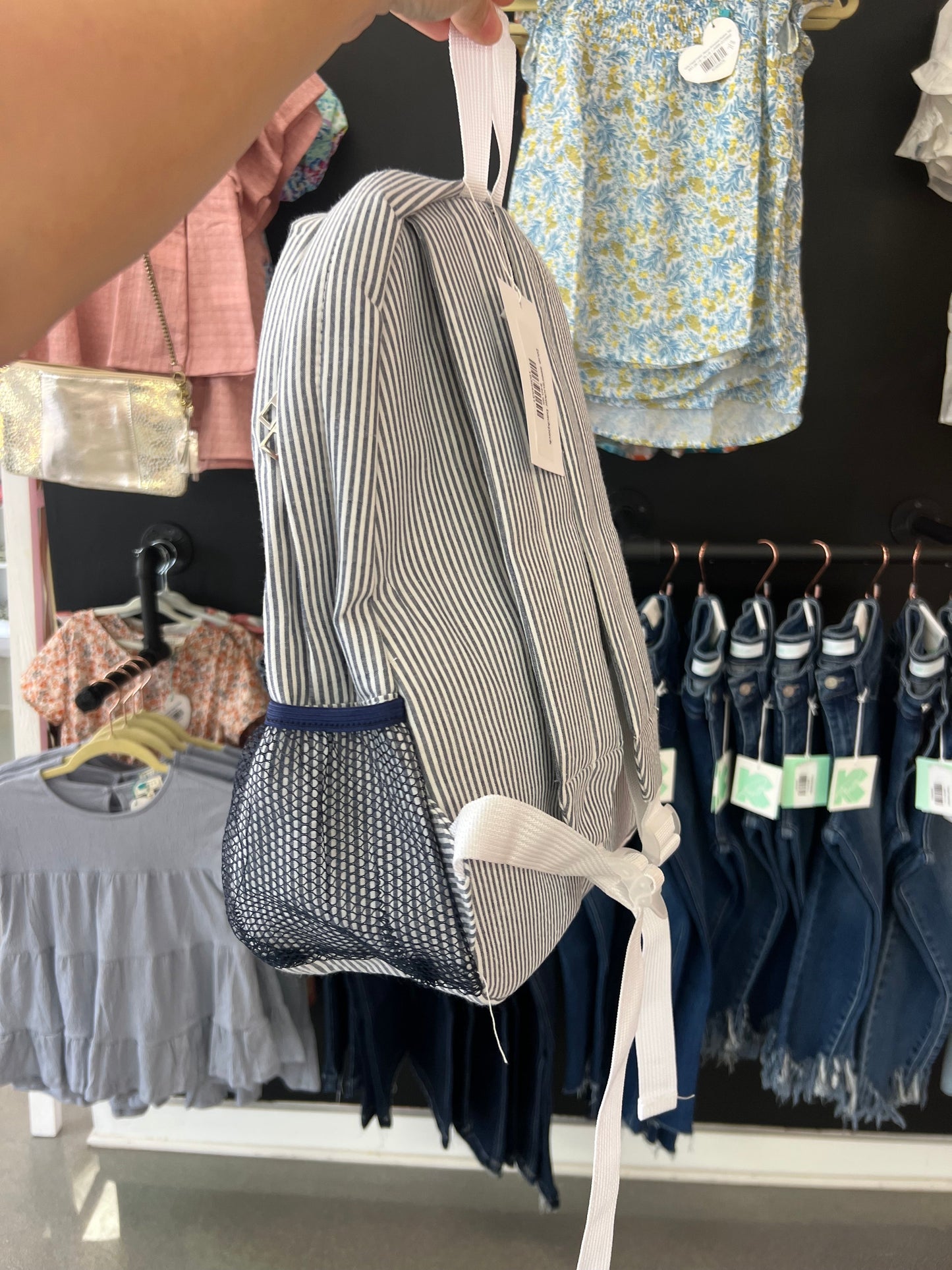 blue seersucker backpack