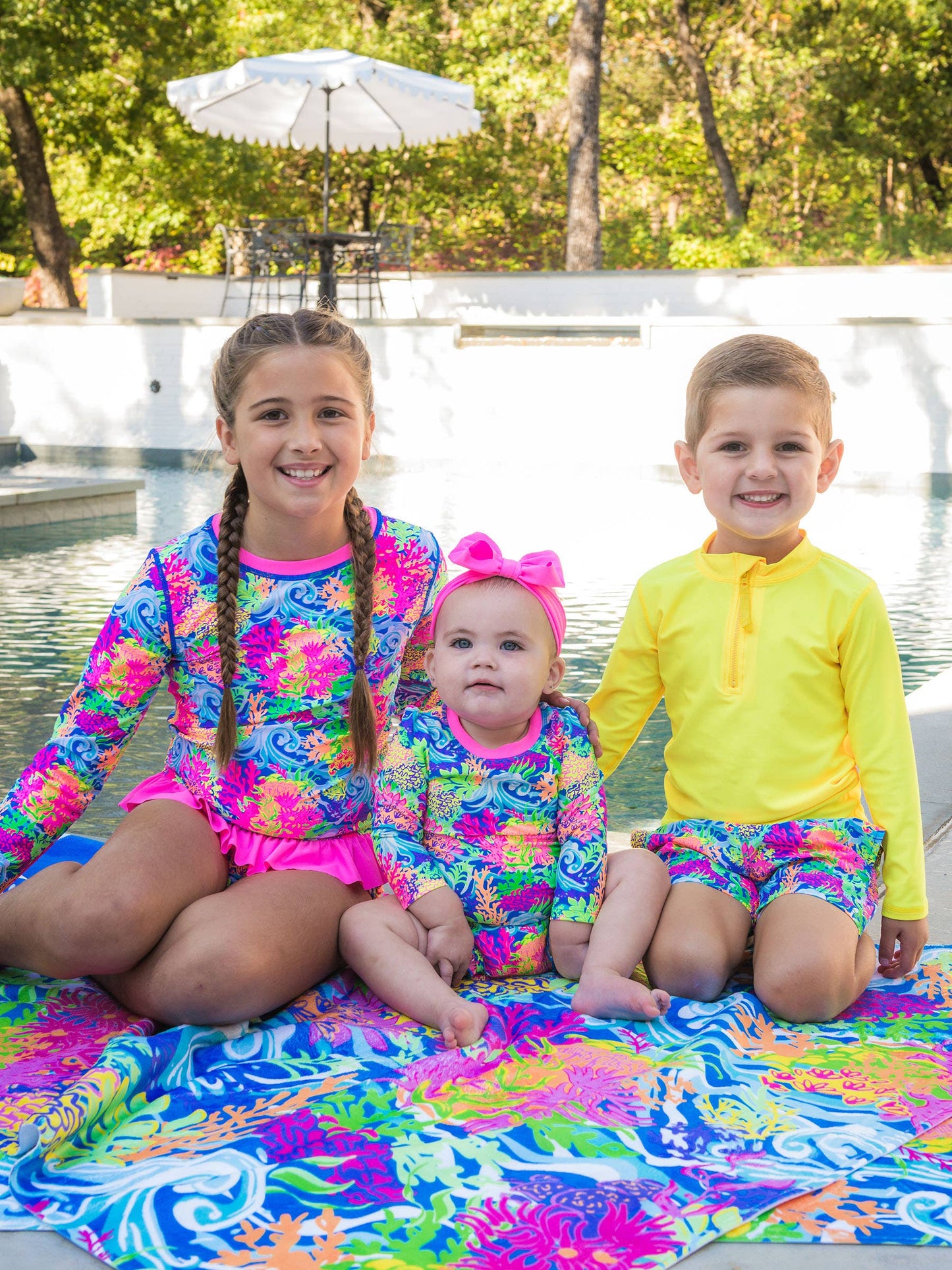 Baby Girls Neon Ocean Coral Long Sleeve One Piece Rash Guard Swimsuit with Signature Rear Ruffles