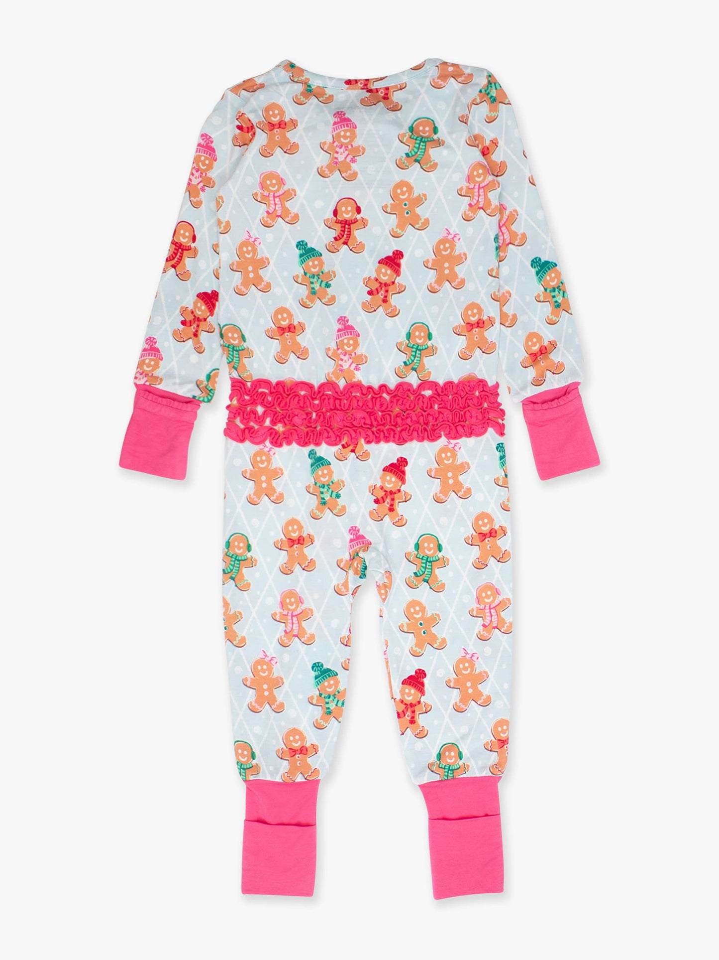 SoftSnooze™ Baby Girls Bamboo Viscose Pink Gingerbread Buddies Convertible Ruffle One Piece Footie Pajama