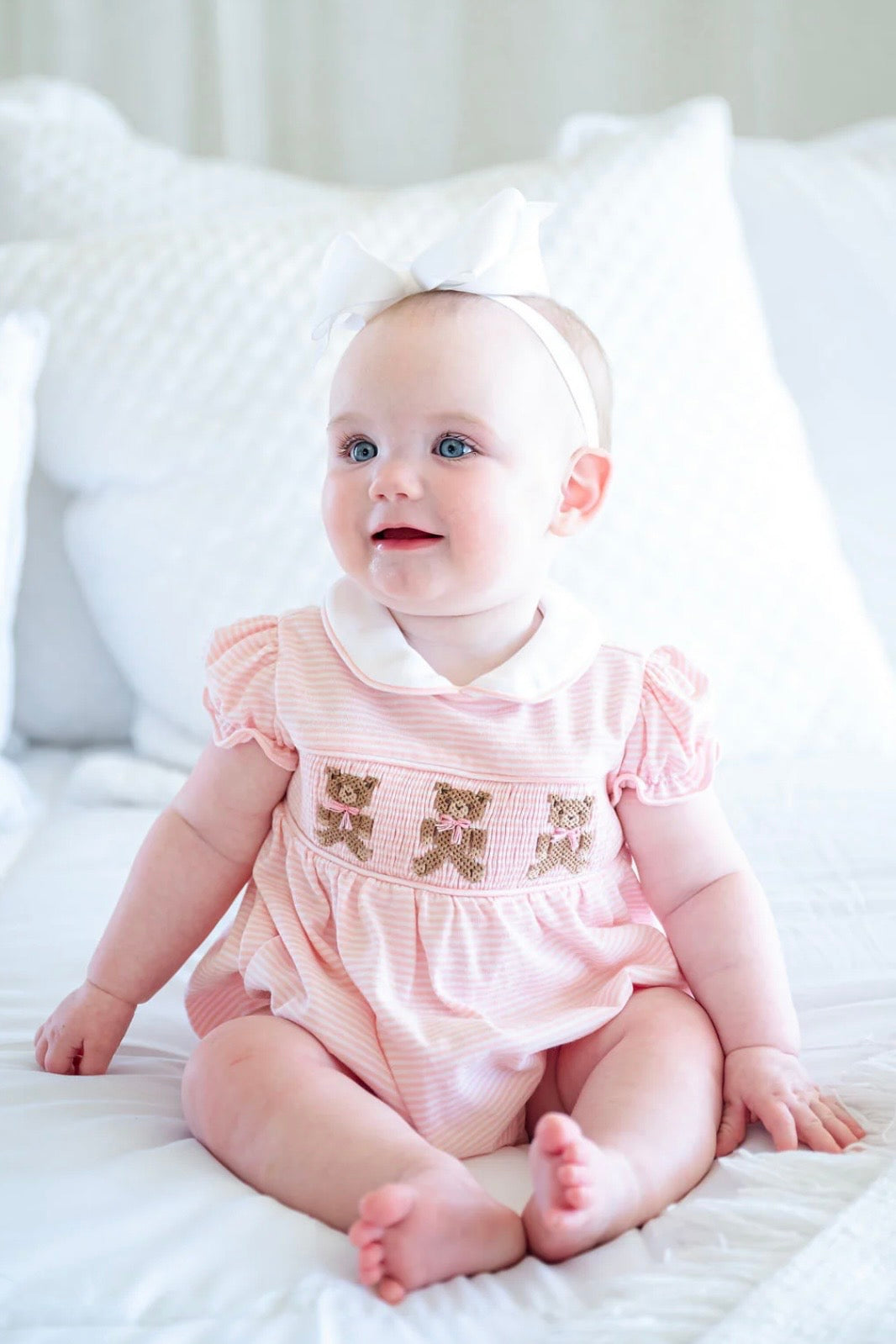 Pink Teddy Bears Smocked Pima Cotton Bubble