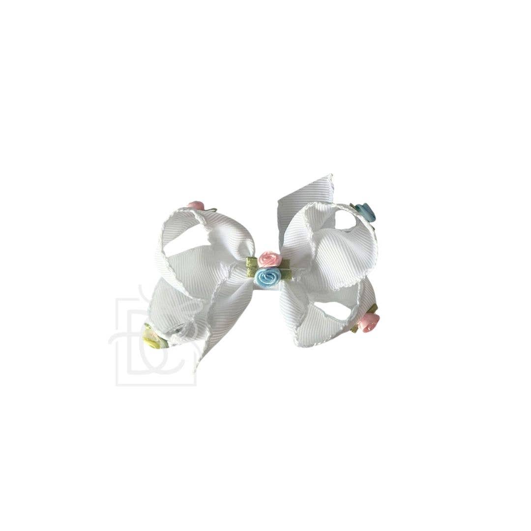 FLOWER EMBELLISHED CROCHET EDGE BOW ON ALLIGATOR CLIP