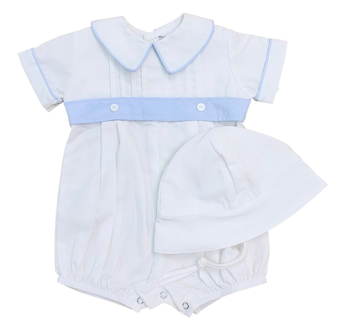 White pleated w/blue belt infant set