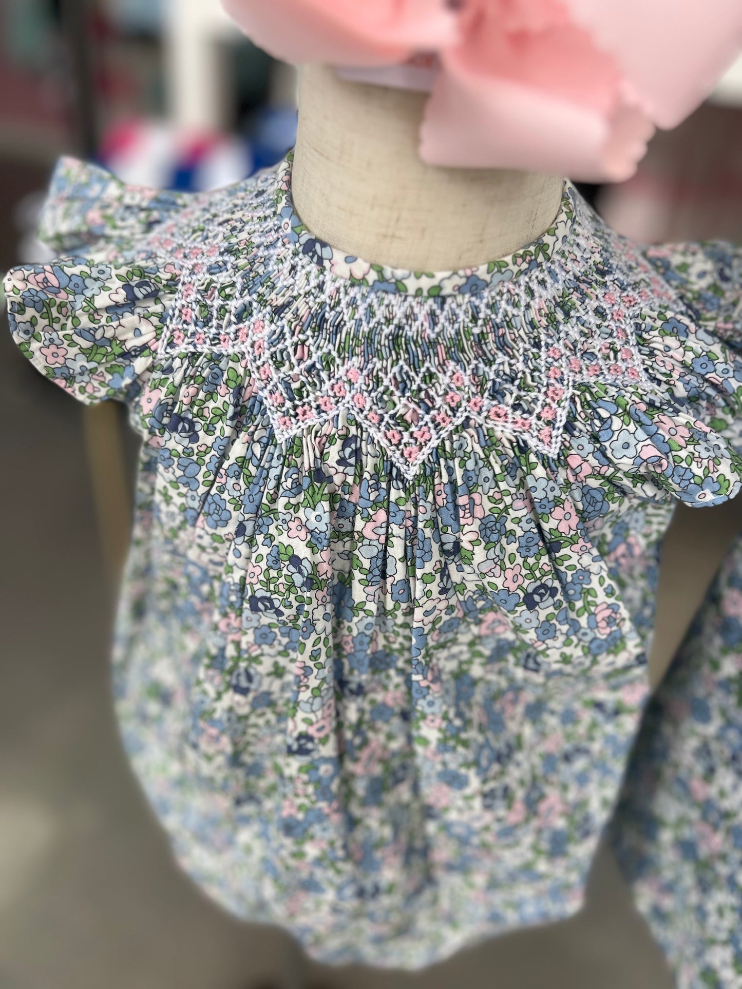 Maya blue floral smocked bubble