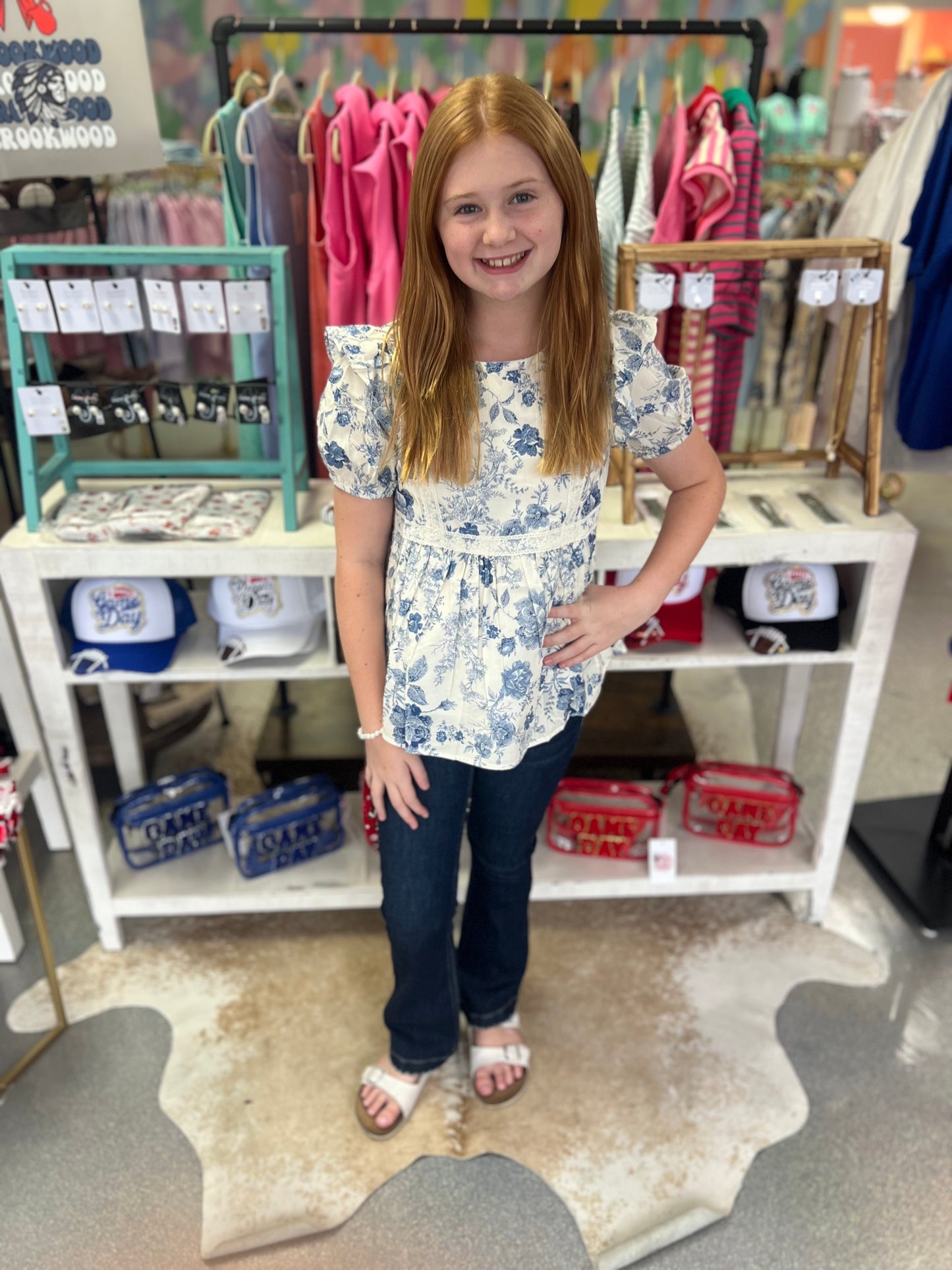 Girls Antique Floral Lace Trimmed Top