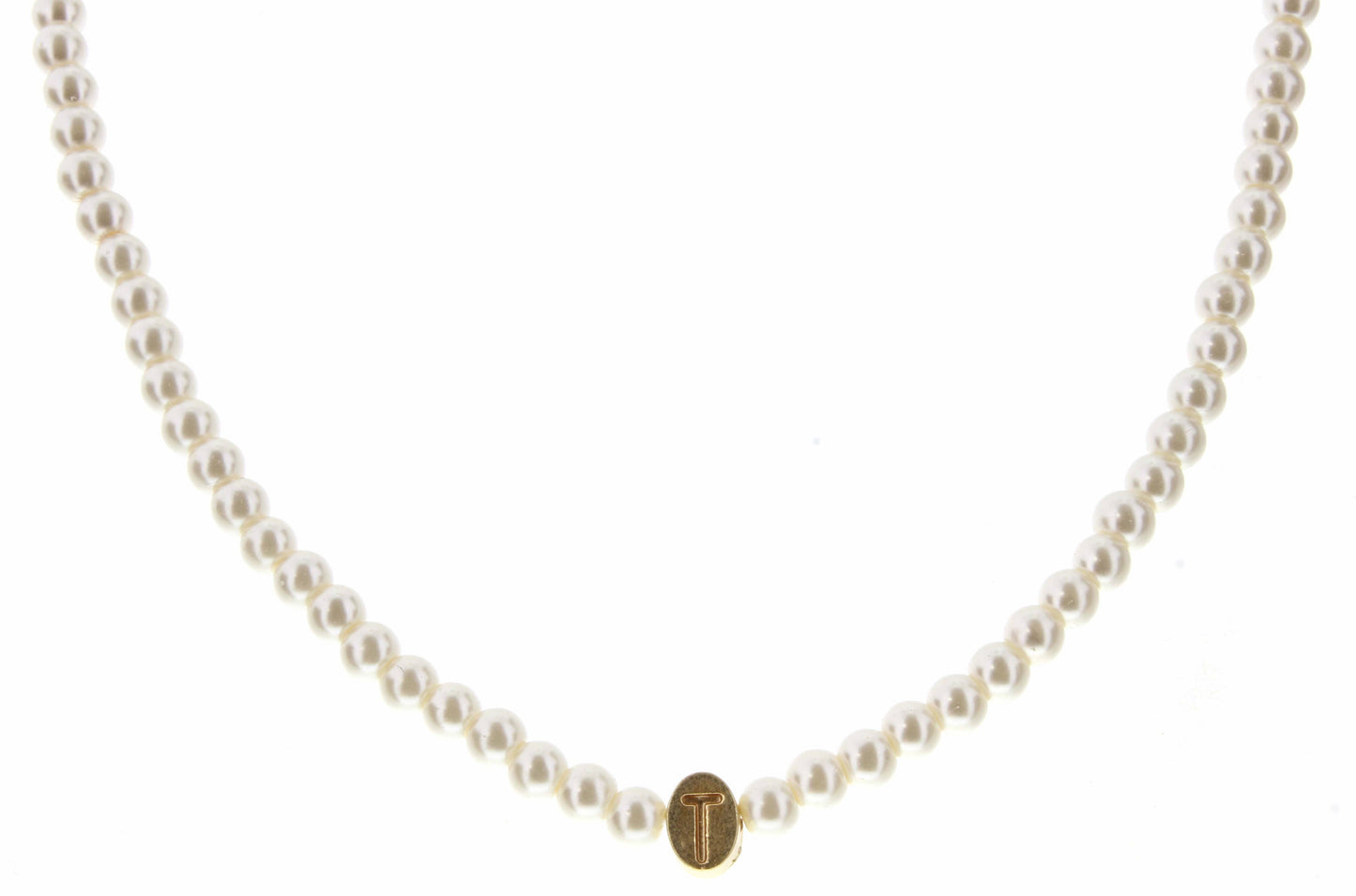 Kids 14" Gold "T" Initial on Pearl Strand Necklace, 3" Ext.