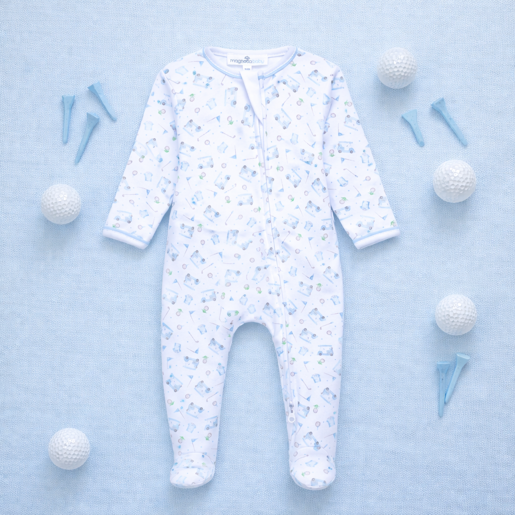 Little Golfer Print Zip Footie - Light Blue