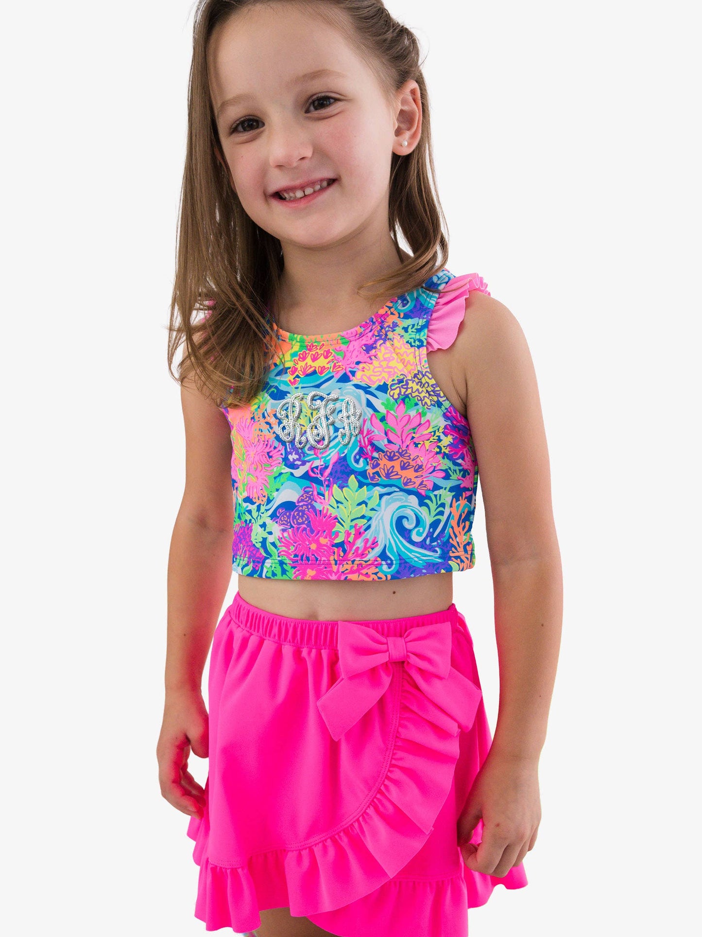 Girls Neon Ocean Coral Racerback Flutter Tankini 2-Piece Swimsuit