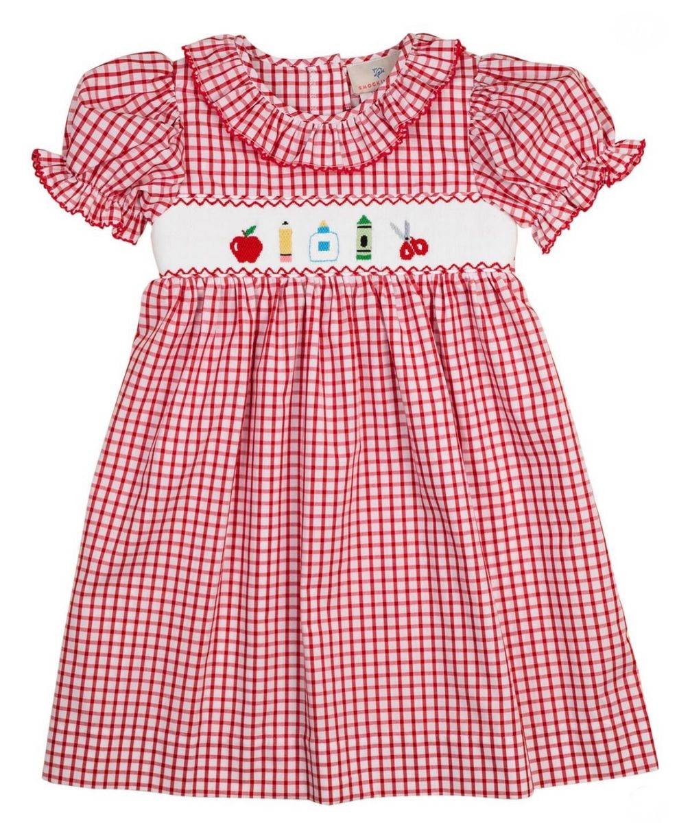 Red Windowpane Smocked School Supplies Dress