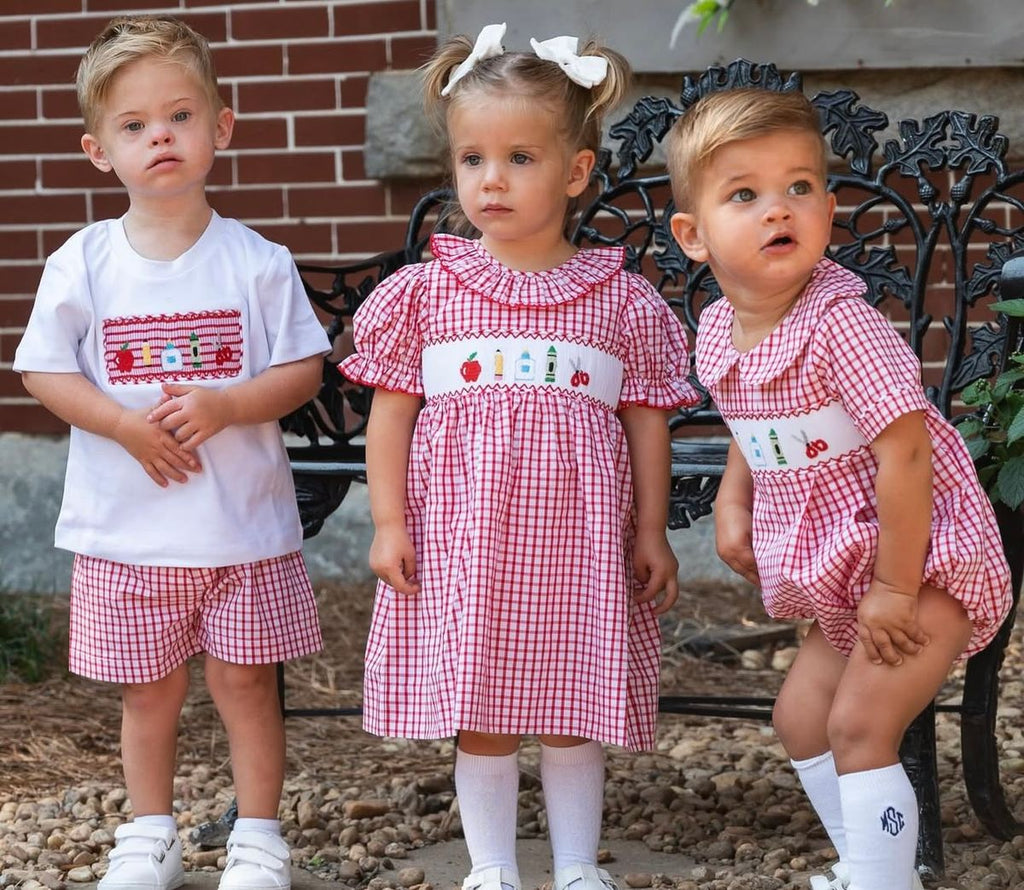 Red Windowpane Smocked School Supplies Dress
