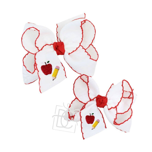 Embroidered Pencil & Apple on Crochet Edge Bow
