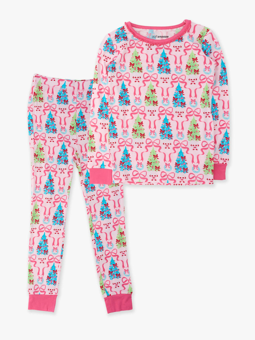 SoftSnooze™ Girls Bamboo Viscose Merry & Bright Christmas Bows Ruffle Long Sleeve Pajama Set