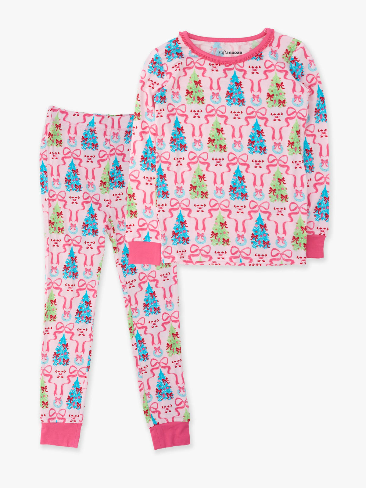 SoftSnooze™ Girls Bamboo Viscose Merry & Bright Christmas Bows Ruffle Long Sleeve Pajama Set