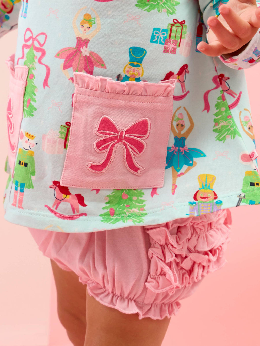 Baby Girls Nutcracker Christmas Wishes Knit Long Sleeve Applique Pocket Swing Top & Ruffle Bloomer Set