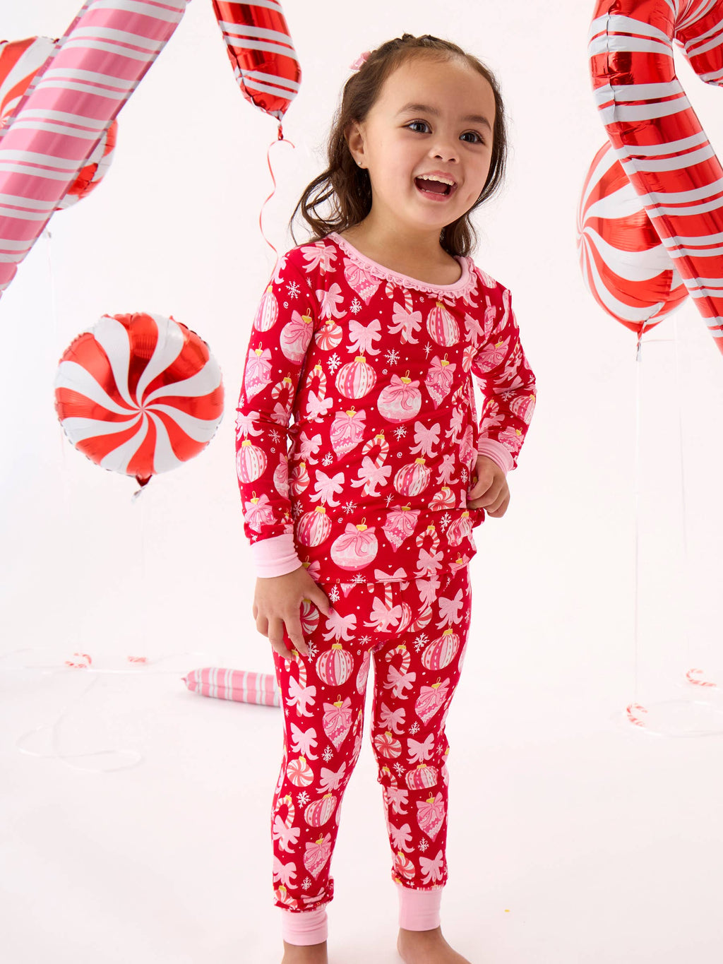 SoftSnooze™ Toddler Girls Bamboo Viscose Red Holly Christmas Ornament Bows Ruffle Long Sleeve Pajama Set with Signature Rear Ruffles