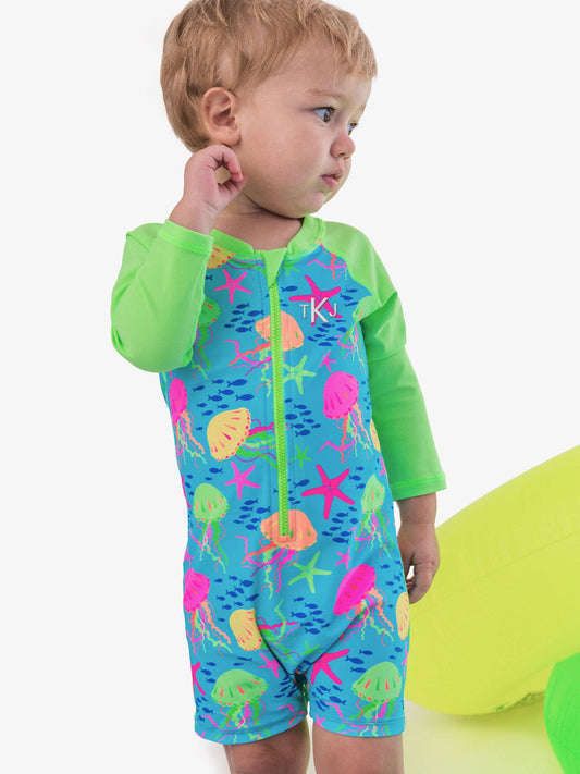 Baby Boys Neon Jelly Time Long Sleeve One Piece Rash Guard Swimsuit