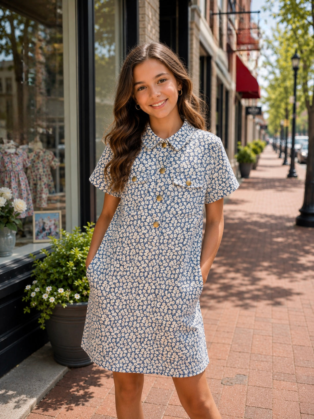Safari popover dress- French blue corduroy