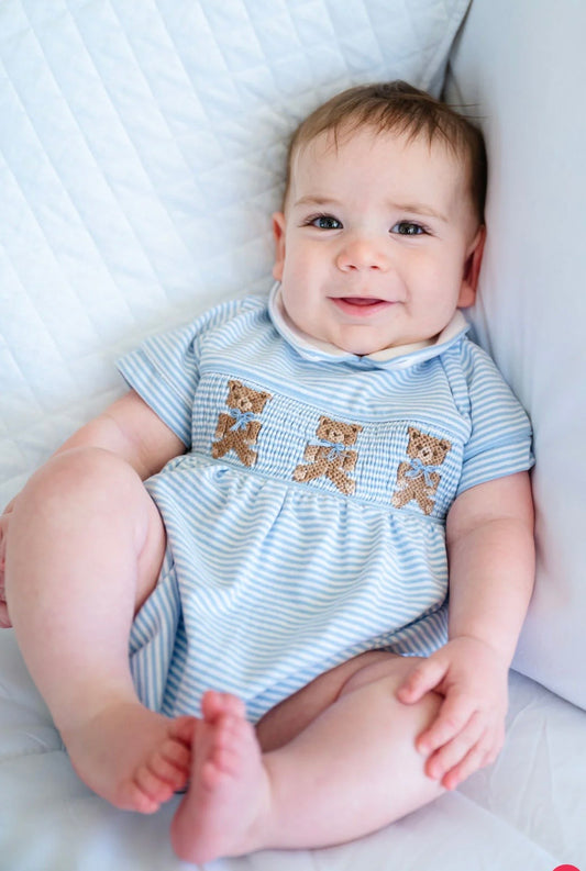 Blue Teddy Bears Smocked Pima Cotton Bubble