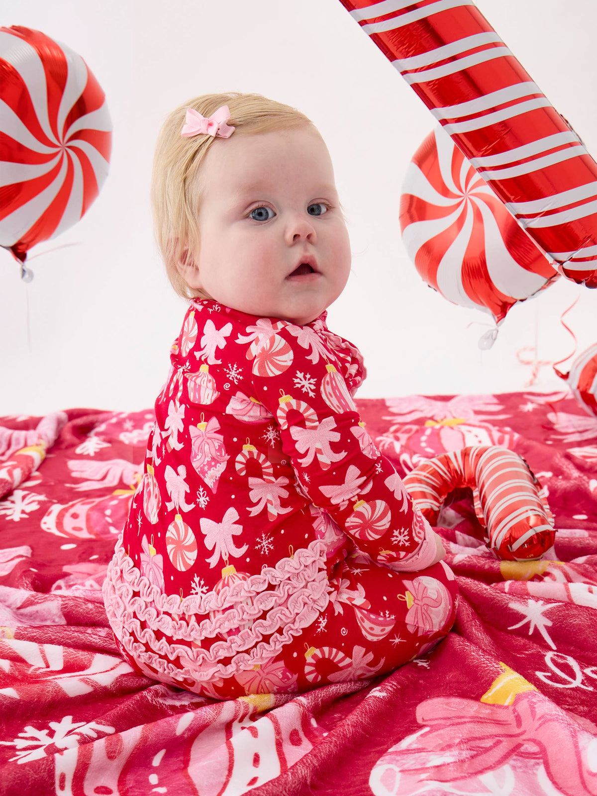 SoftSnooze™ Baby Girls Bamboo Viscose Red Holly Christmas Ornament Bows Convertible Ruffle One Piece Footie Pajama