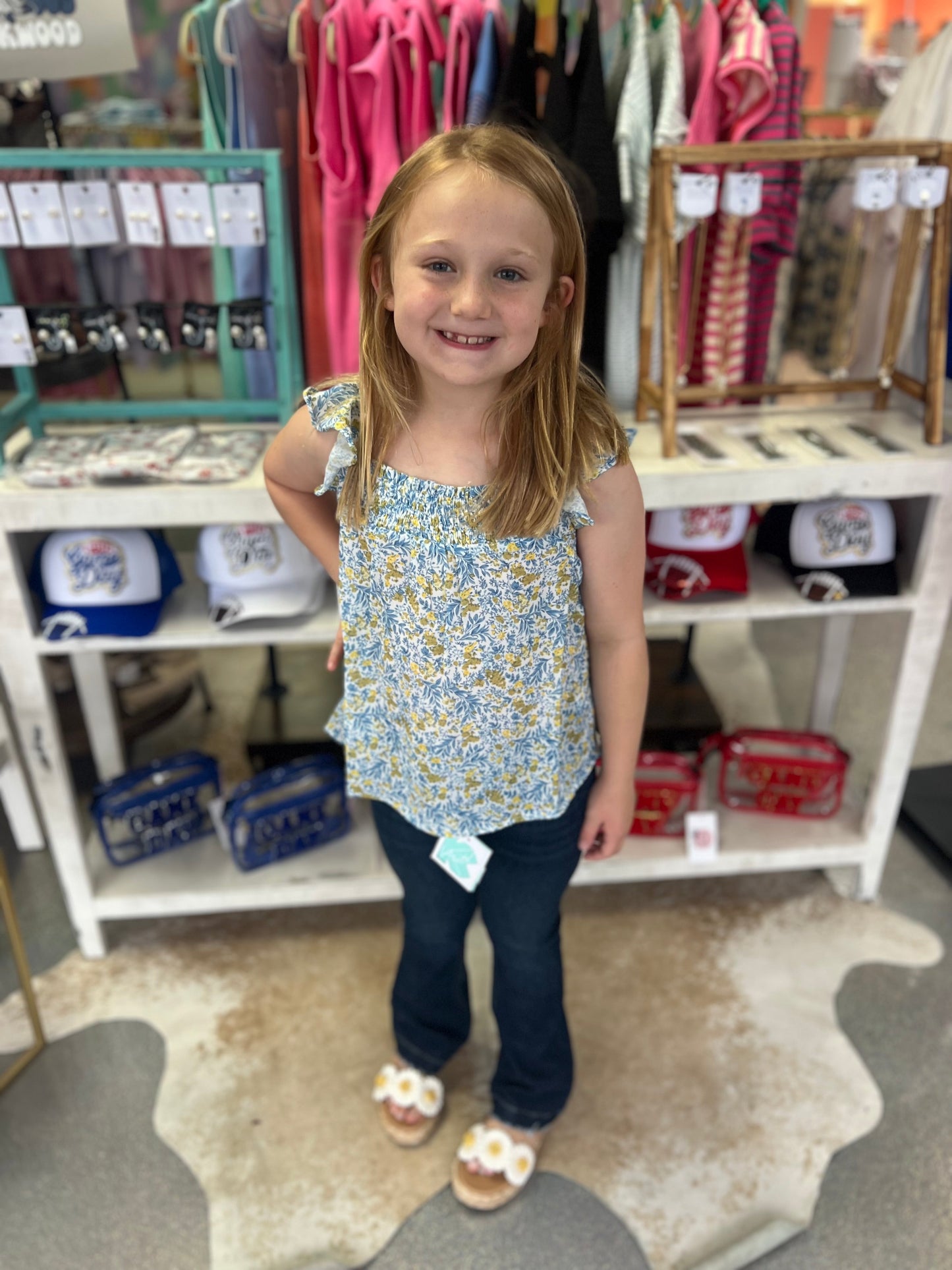 Girls Floral Flutter Sleeve Smocked Bodice Top