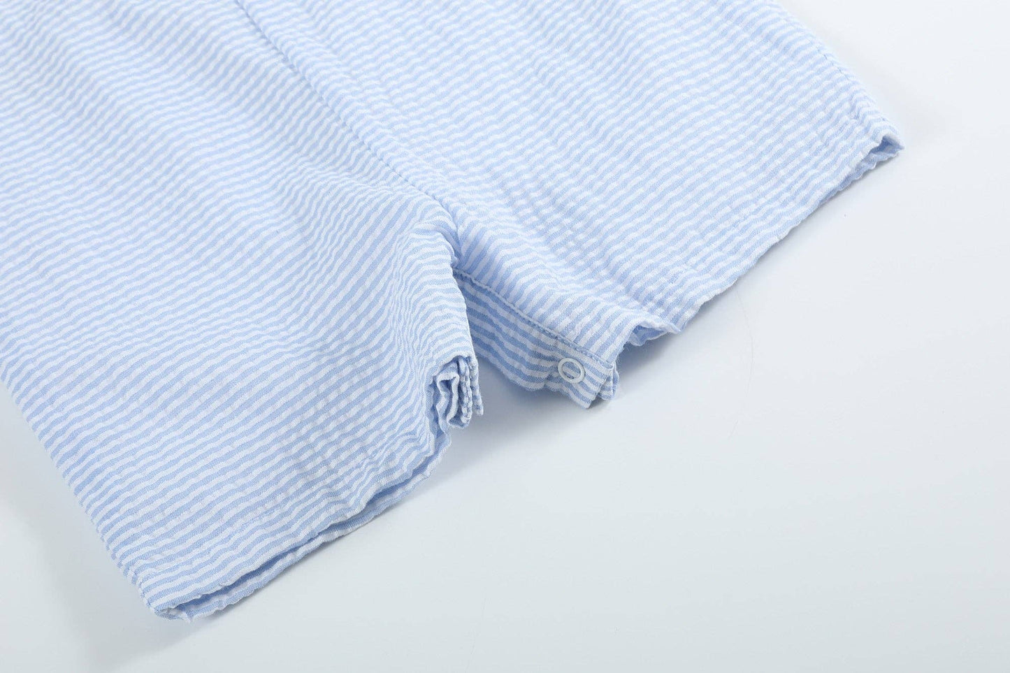 Light Blue Seersucker Pom Pom Bunny Shortalls