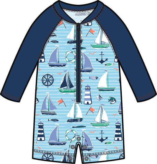 Baby Boys Blue Sweet Sails Long Sleeve One Piece Rash Guard Swimsuit