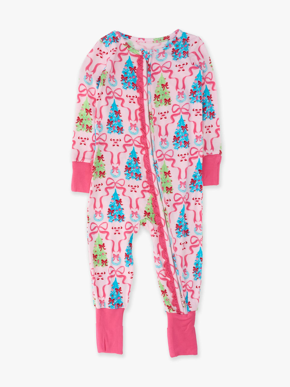 SoftSnooze™ Baby Girls Bamboo Viscose Merry & Bright Christmas Bows Convertible Ruffle One Piece Footie Pajama