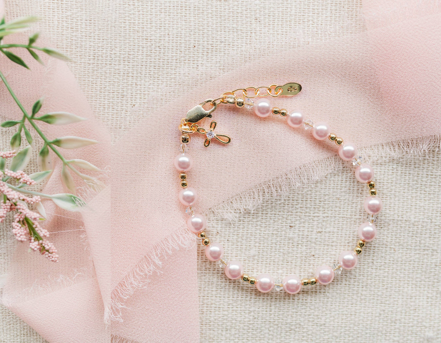 14K Pink Pearl Cross Bracelet Baptism