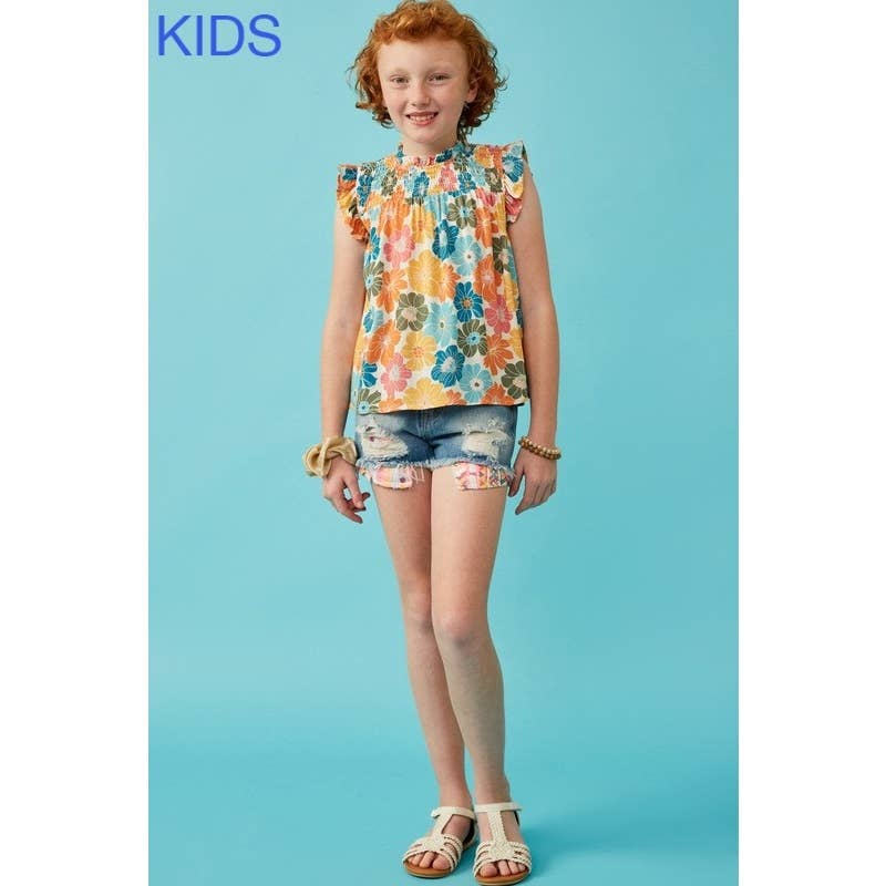 Girls Floral Smocked Ruffle Detail Tank
