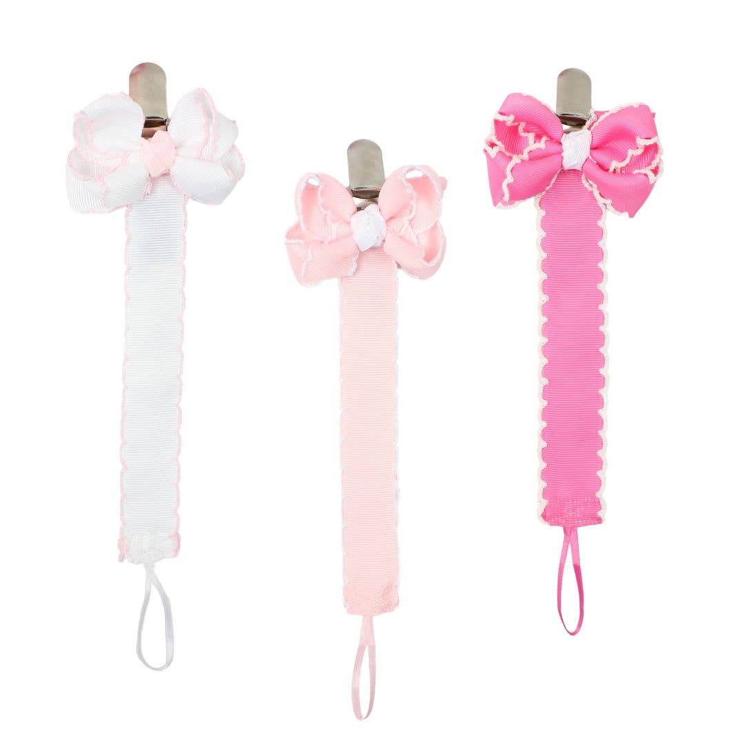 Crochet Edge Grosgrain Pacifier Clip w/ Detachable Bow