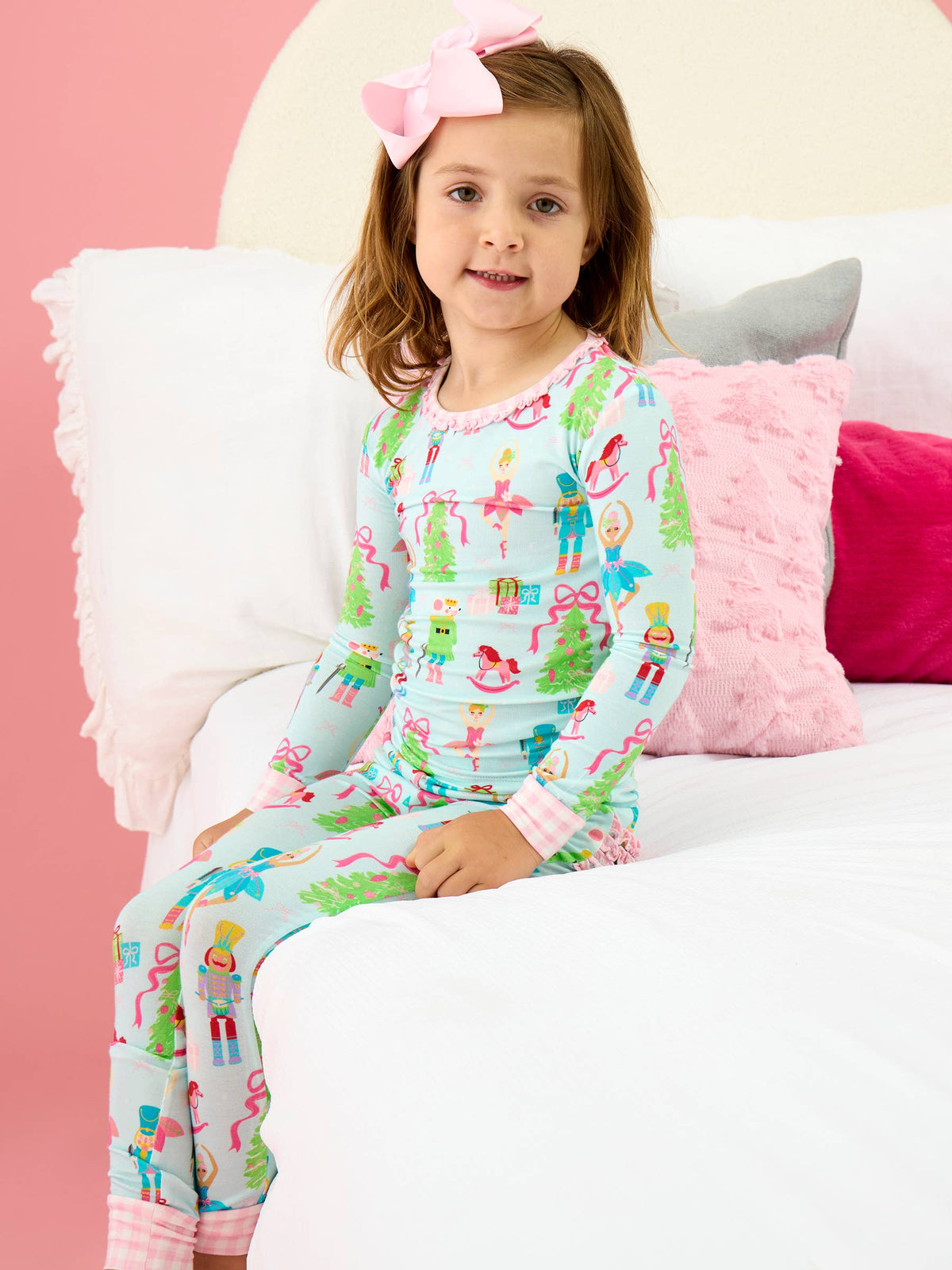 SoftSnooze™ Toddler Girls Bamboo Viscose Nutcracker Christmas Wishes Ruffle Long Sleeve Pajama Set with Signature Rear Ruffles
