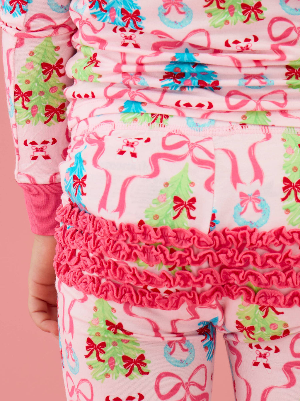 SoftSnooze™ Toddler Girls Bamboo Viscose Merry & Bright Christmas Bows Ruffle Long Sleeve Pajama Set with Signature Rear Ruffles