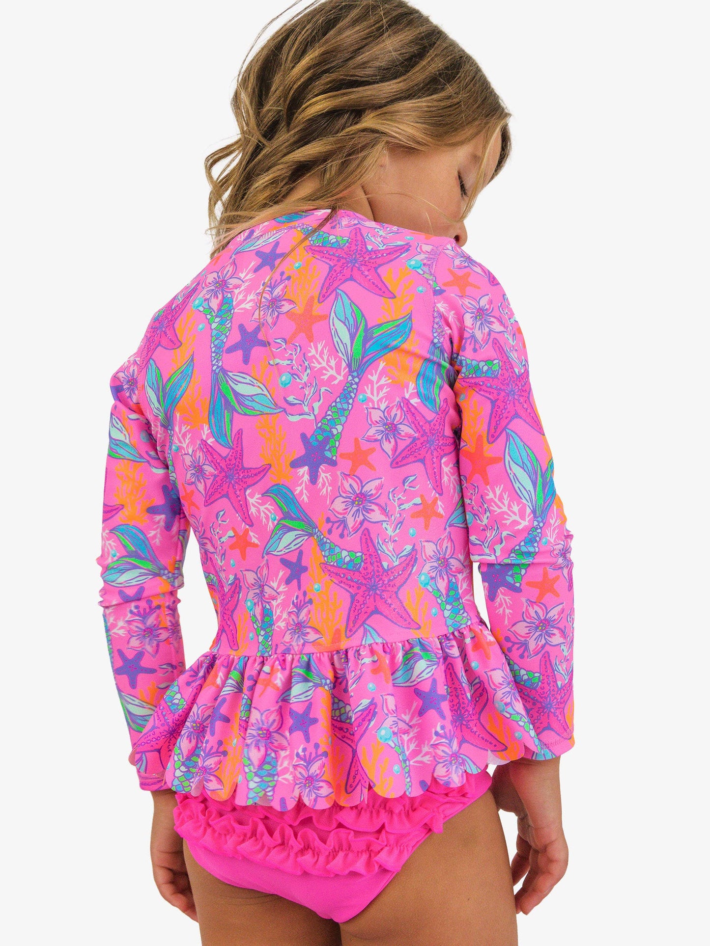 Girls Neon Shimmer Mermaid Scallop Hem Long Sleeve Rash Guard 2-Piece Swimsuit with Signature Rear Ruffles