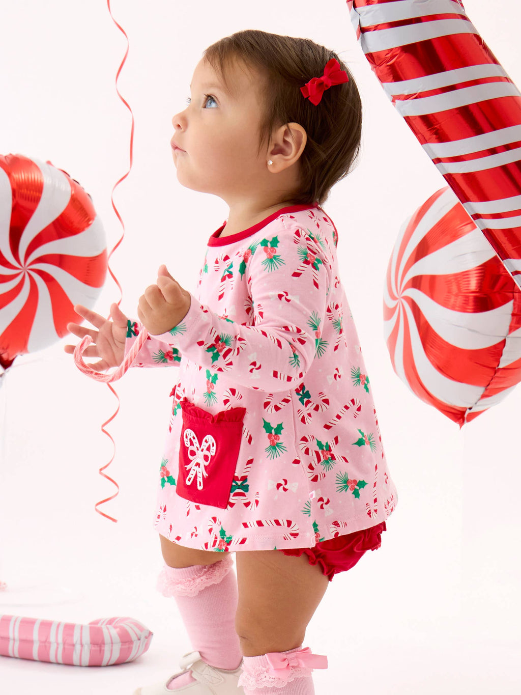 Baby Girls Holly Candy Canes Christmas Knit Long Sleeve Applique Pocket Swing Top & Ruffle Bloomer Set