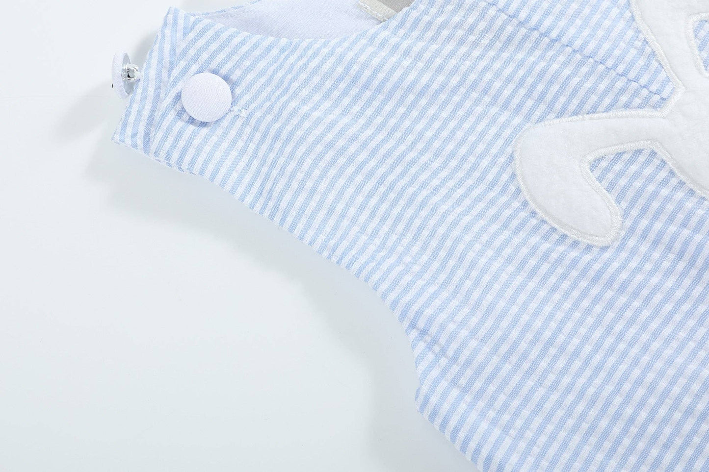 Light Blue Seersucker Pom Pom Bunny Shortalls