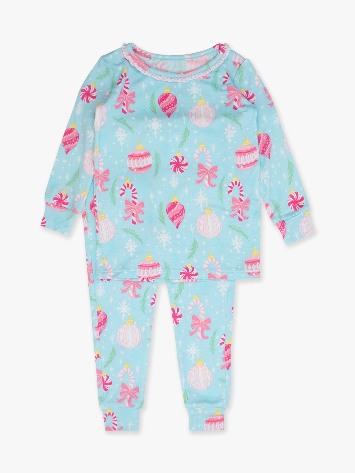 SoftSnooze™ Toddler Girls Bamboo Viscose Ornament Dreams Ruffle Long Sleeve Pajama Set with Signature Rear Ruffles