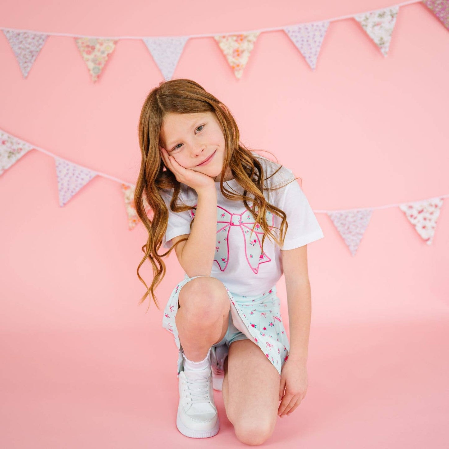 Sky Blue Floral Bow Patch Short Sleeve T-Shirt - Kids Spring