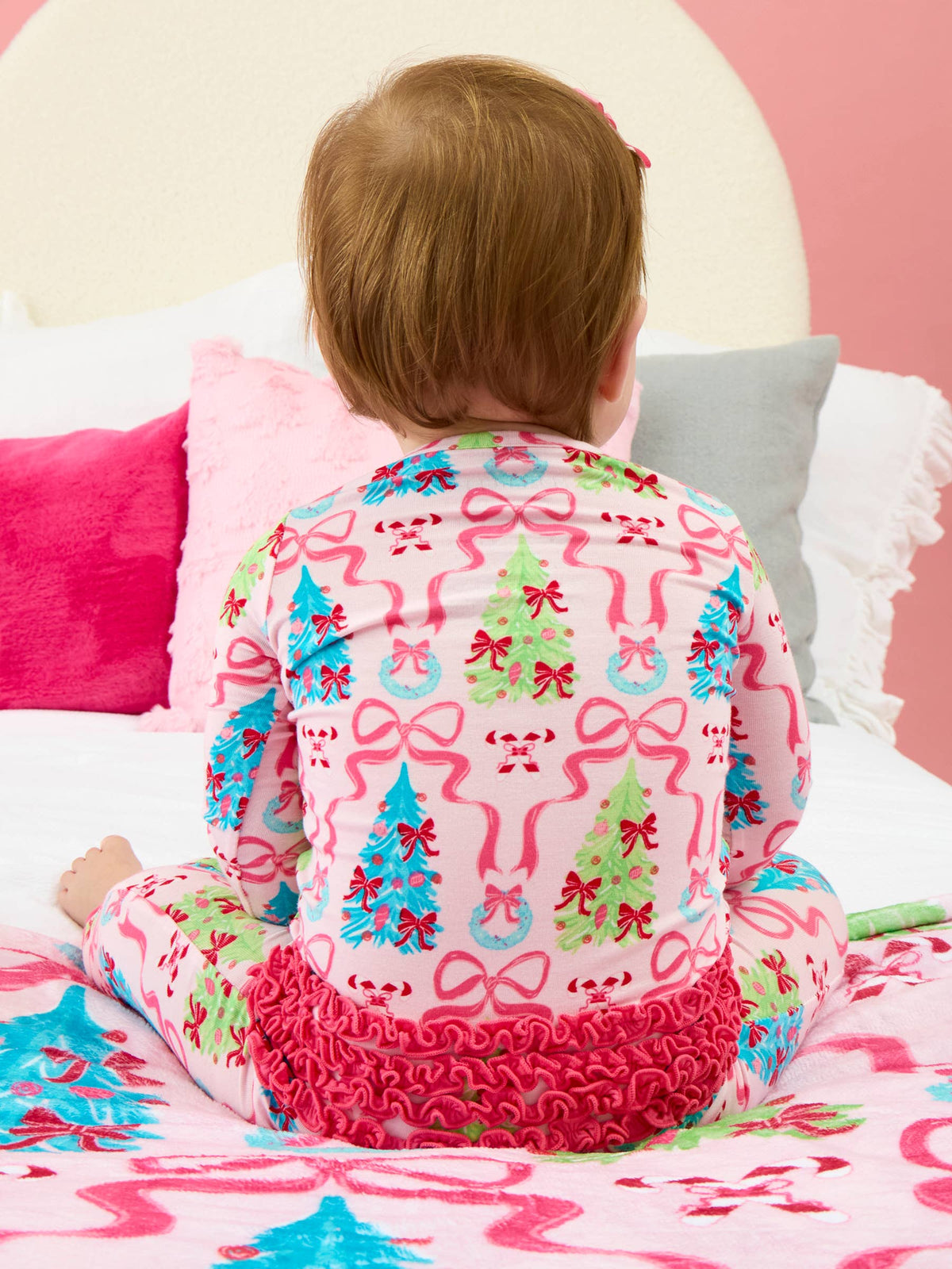 SoftSnooze™ Baby Girls Bamboo Viscose Merry & Bright Christmas Bows Convertible Ruffle One Piece Footie Pajama