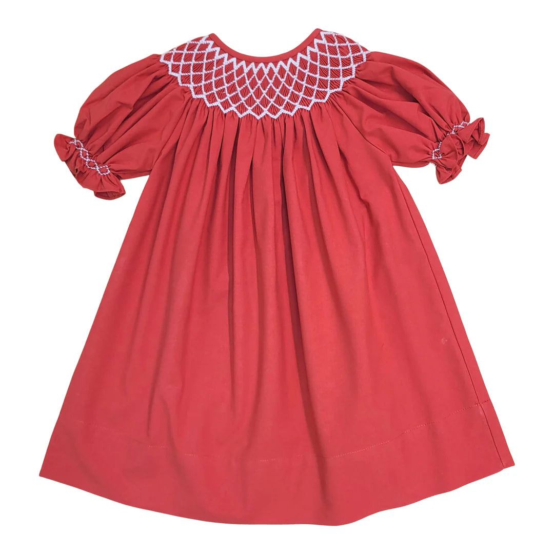 Catherine smocked red dress with pearls