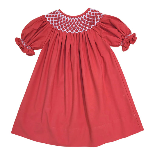 Catherine smocked red dress with pearls