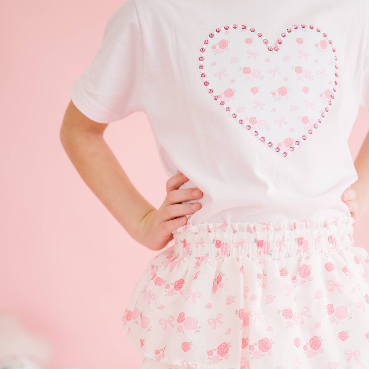 Dainty Rose Pearl Heart Patch Short Sleeve T-Shirt - Kids