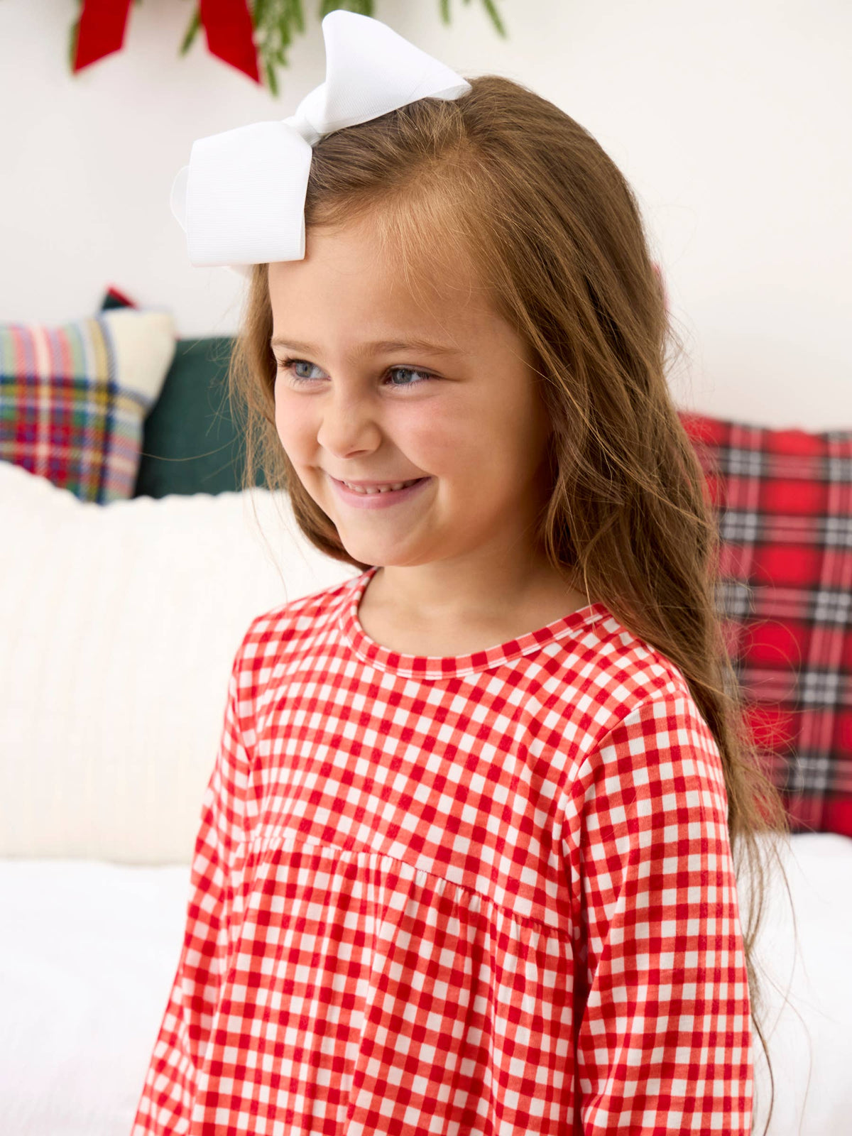 SoftSnooze™ Girls Red & White Gingham Long Sleeve Ruffle Pajama Night Gown