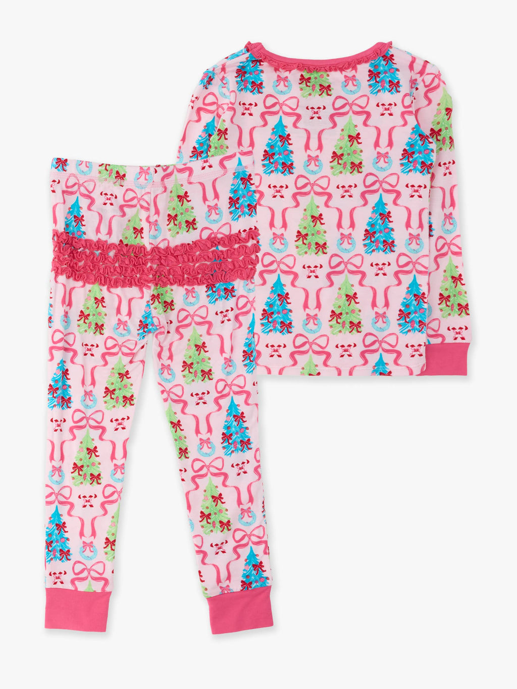 SoftSnooze™ Toddler Girls Bamboo Viscose Merry & Bright Christmas Bows Ruffle Long Sleeve Pajama Set with Signature Rear Ruffles