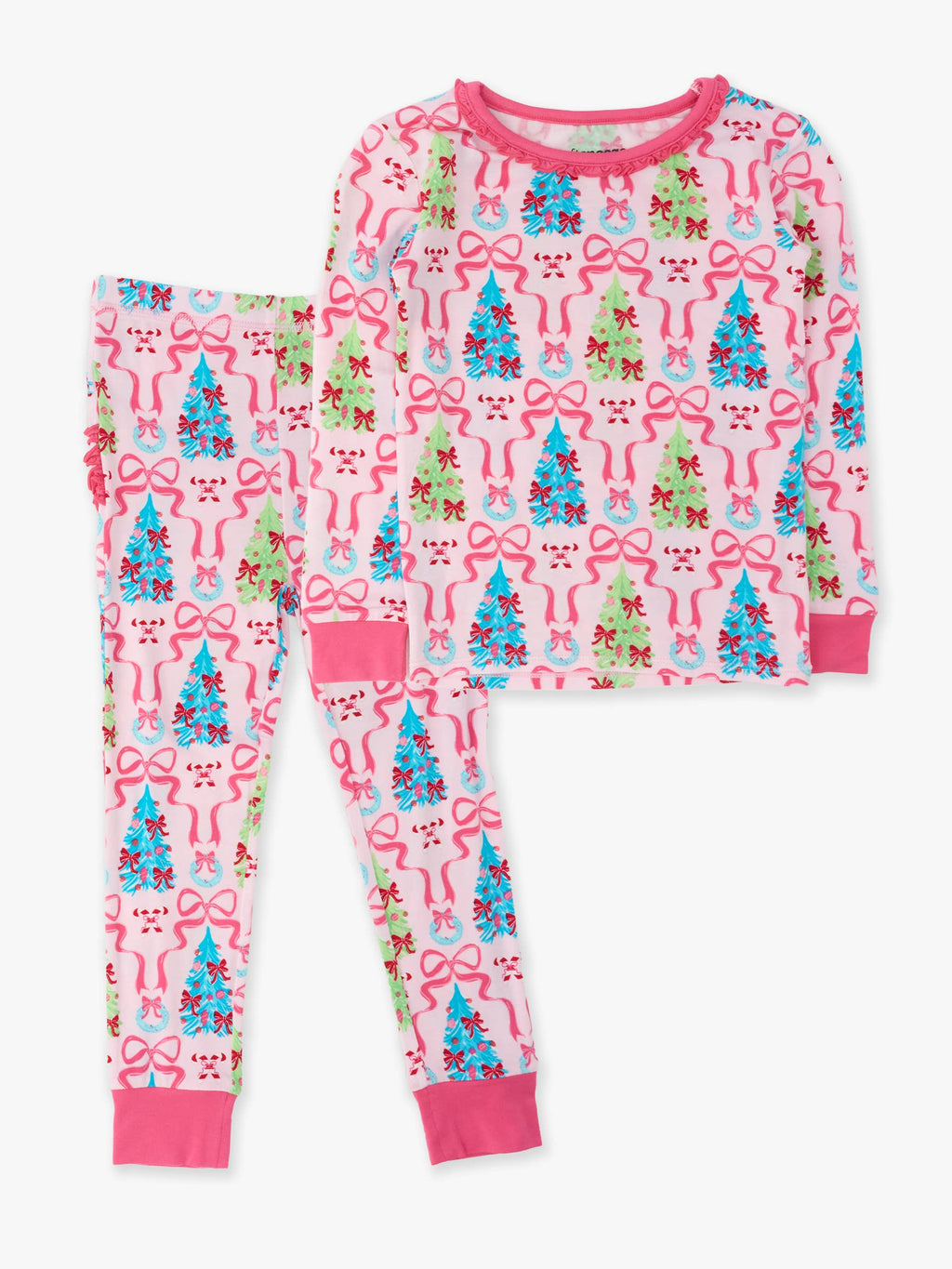 SoftSnooze™ Toddler Girls Bamboo Viscose Merry & Bright Christmas Bows Ruffle Long Sleeve Pajama Set with Signature Rear Ruffles