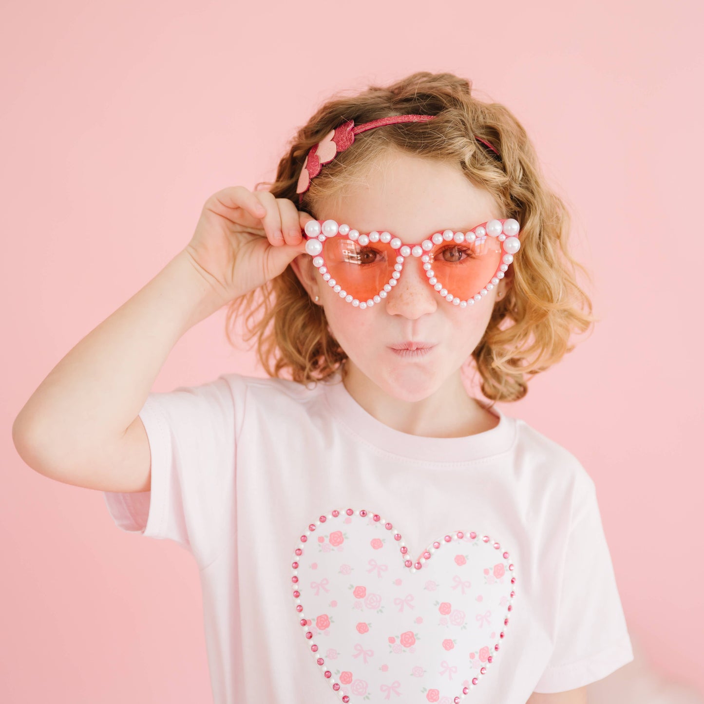 Dainty Rose Pearl Heart Patch Short Sleeve T-Shirt - Kids