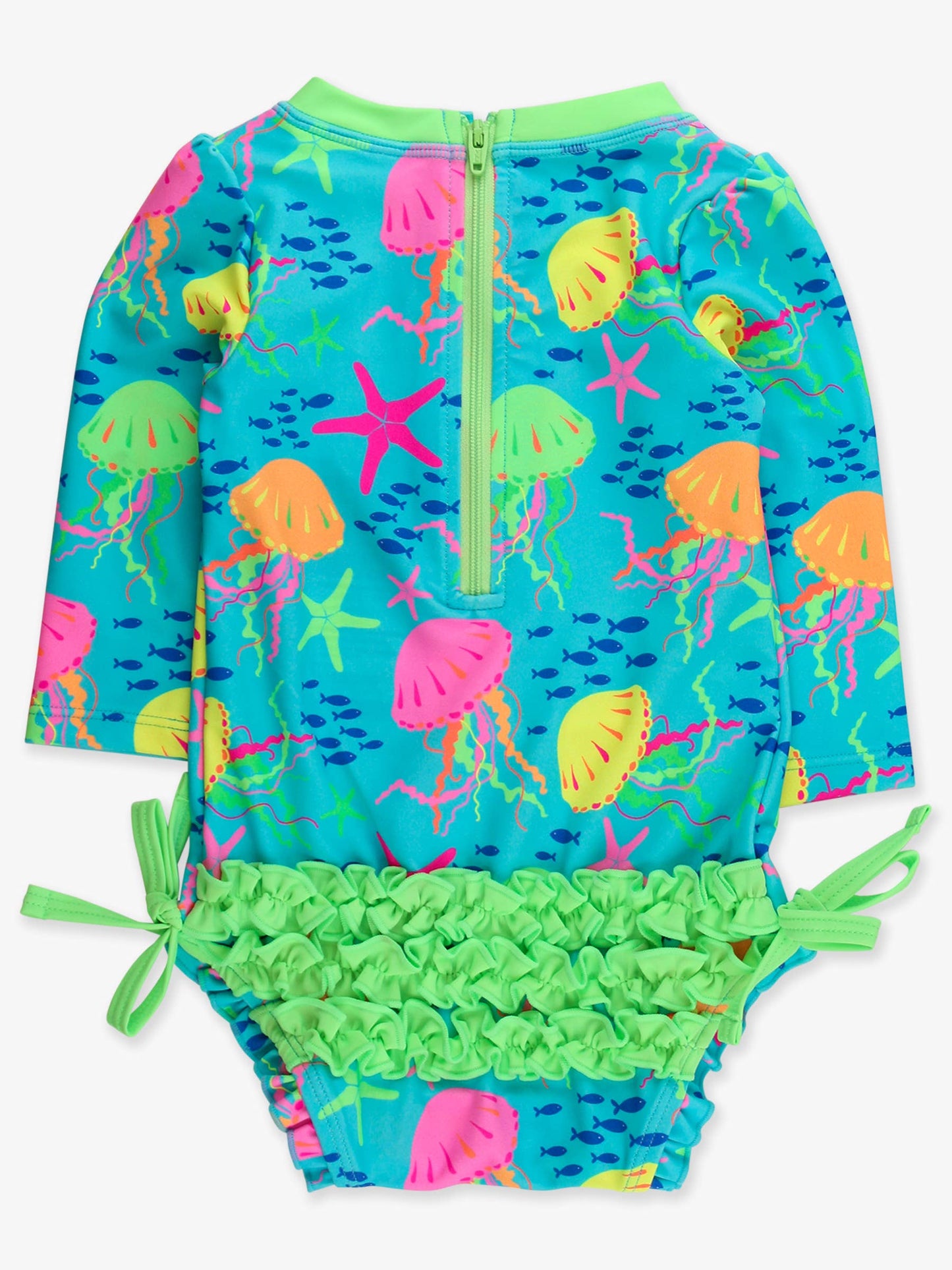 Baby Girls Neon Jelly Time Long Sleeve One Piece Rash Guard Swimsuit with Signature Rear Ruffles