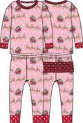 SoftSnooze™ Toddler Girls Bamboo Viscose Pink Christmas Reindeer Sleigh Ride Ruffle Long Sleeve Pajama Set with Signature Rear Ruffles
