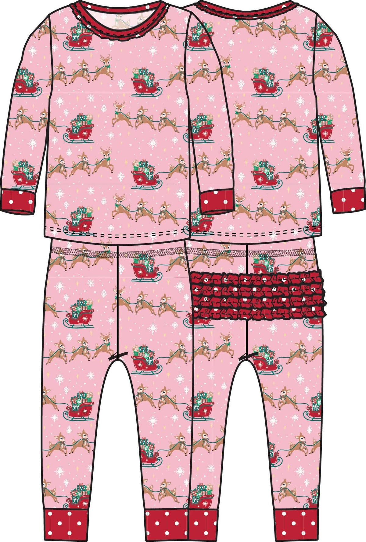 SoftSnooze™ Toddler Girls Bamboo Viscose Pink Christmas Reindeer Sleigh Ride Ruffle Long Sleeve Pajama Set with Signature Rear Ruffles