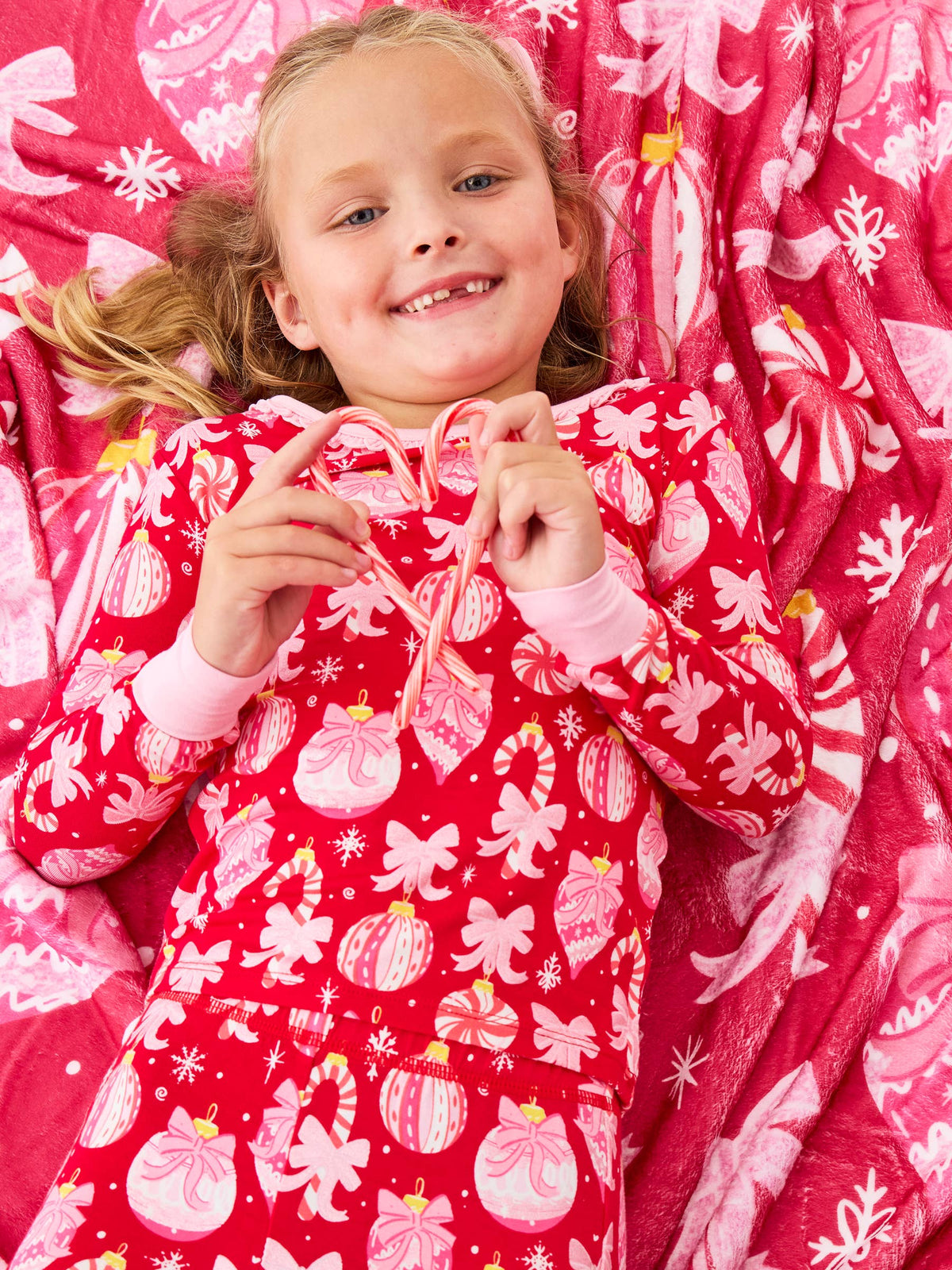 SoftSnooze™ Girls Bamboo Viscose Red Holly Christmas Ornament Bows Ruffle Long Sleeve Pajama Set